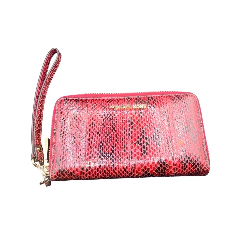 Michael Kors Red Python Snakeskin Leather Wristlet Wallet Zip Around